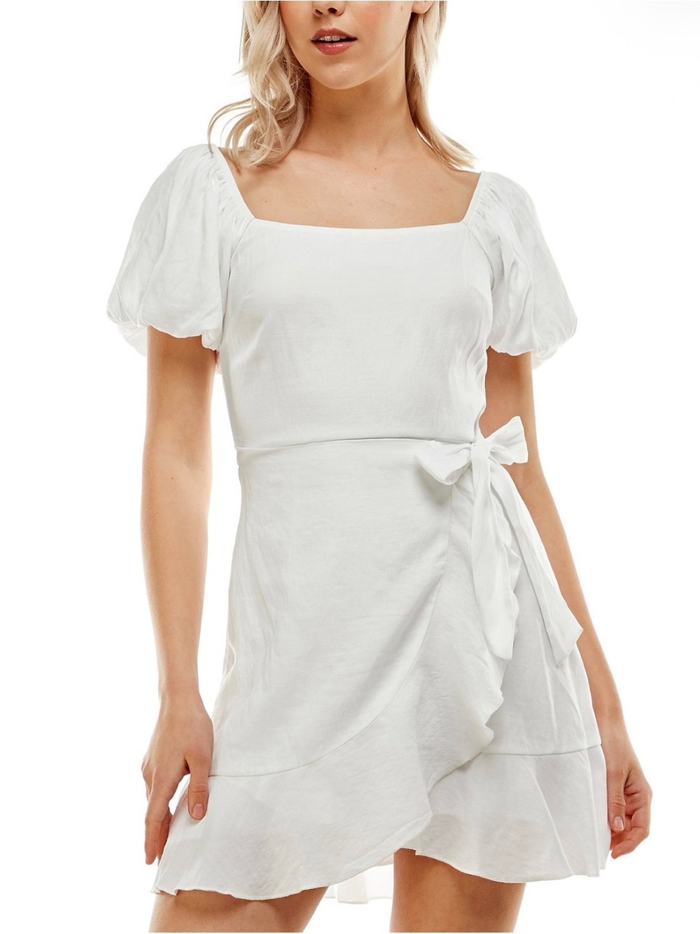 Trixxi Juniors’ White Faux-Wrap Mini Dress Puff Sleeves Ruffle Trim Size L